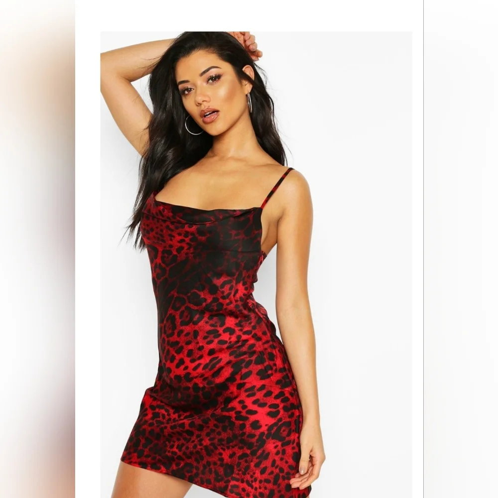 Boo Hoo Leopard Cowl Neck Spaghetti Strap Zip Mini Dress